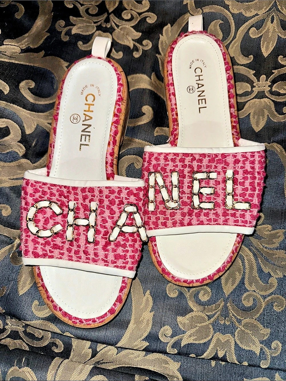 C Inspired Pink Tweed Cork Slide Sandals Pink & White EU 39